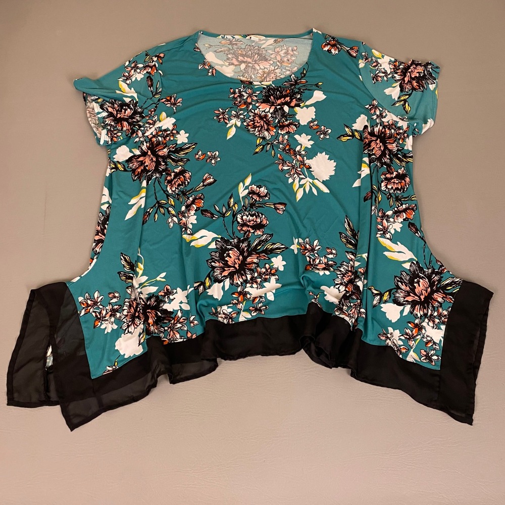 Est. 1946 Tunic Blouse Womens Plus Size 22/24W Teal Floral Chiffon Short Sleeve